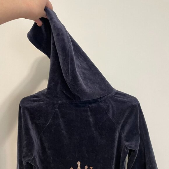 JUICY COUTURE Embellished Velour Hoodie Jacket Navy Blue w/ Back Sequin Logo Y2K - Picture 13 of 14
